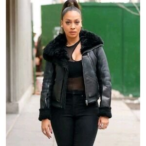 Lala Anthony Women Shearling Bomber Jacket 2X Black Zip Long Sleeve